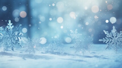Crystal snowflakes rest on a snowy surface, glowing under the soft blue light of a winter dusk, with twinkling bokeh creating a feeling of enchantment.
