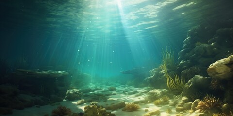 A serene underwater view where sunlight filters through the water, casting a peaceful glow over the sea floor and its diverse array of marine plants.