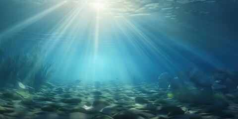 Fototapeta na wymiar Sunlight streams through clear blue water, illuminating underwater flora and creating a tranquil and mesmerizing scene beneath the ocean's surface.