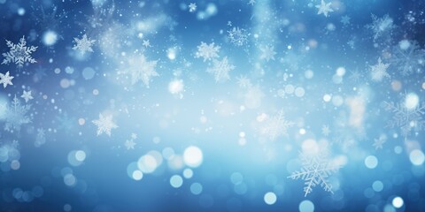Snowflakes of intricate designs cascade against a cool blue backdrop, with light bokeh creating a sparkling effect reminiscent of a snowy night.