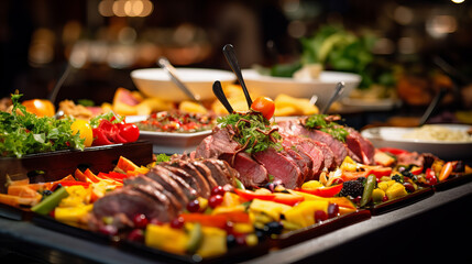 A plate of food with meat and vegetables, catering - obrazy, fototapety, plakaty