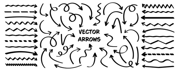 Hand drawn arrows, highlighter lines. Marker stroke, brush pen drawn underline. Handwritten text pointers, notes, marks. Vector illustration