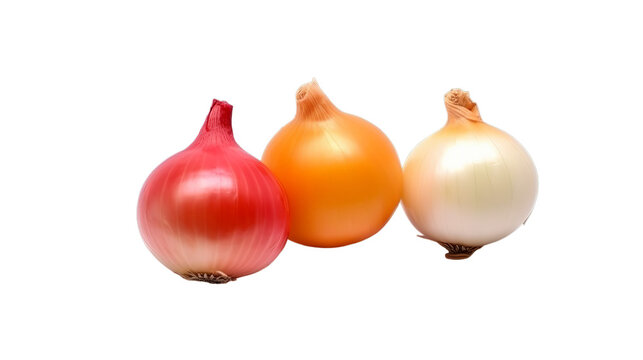 Three onion bulbs of different colors isolated on transparent PNG background, Generative Ai