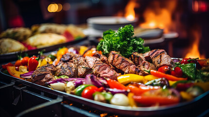 A tray of food on a grill, catering - obrazy, fototapety, plakaty