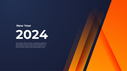 Blue and orange vector abstract minimal modern happy new year 2024 banner - obrazy, fototapety, plakaty