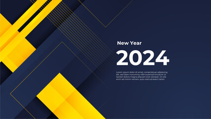 Blue and yellow vector happy new year 2024 banner with trendy style - obrazy, fototapety, plakaty