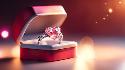 Wedding diamond ring in red box on bokeh background