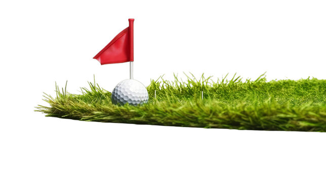 Golf ball on green grass and hole with red flag. Isolated on transparent PNG background, Generative ai