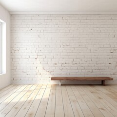 Empty room white Brick wall with wood floor and Funiture.