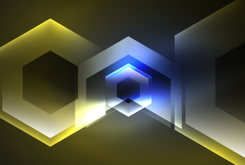 Fototapeta premium Arrow hexagon neon light glowing shapes background. Vector illustration For Wallpaper, Banner, Background, Card, Book Illustration, landing page