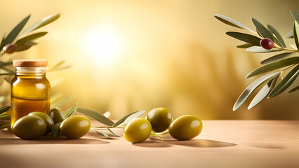 Naklejka premium Olive oil and olives on a wooden table with copy space
