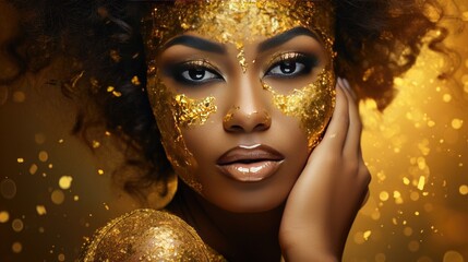 Woman with golden makeup and glitter. Beauty and fashion.