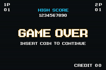 GAME OVER INSERT A COIN TO CONTINUE .pixel art .8 bit game. retro game. for game assets in vector illustrations.	