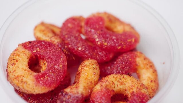 Chilli Spicy Chamoy Peach Rings on a lazy susan