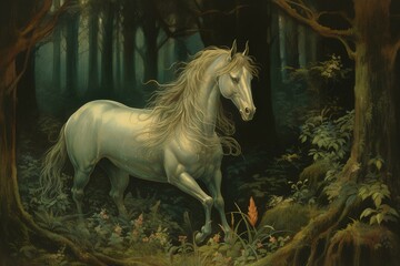 old illustration of a white horse in the dark green forest. generative AI
