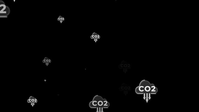 Animation of CO2 particles on black background with arrows for reduction carbon dioxide. Alpha channel included