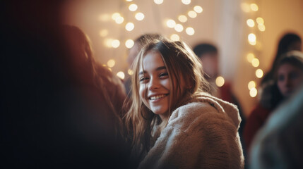 Fototapeta premium Group of friends having fun at christmas party with lights on background