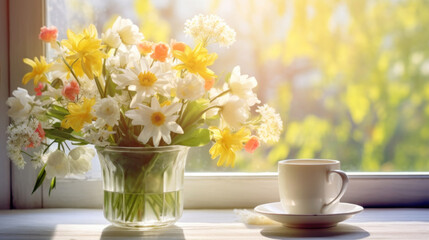 Cup of coffee and bouquet of daffodils on the windowsill