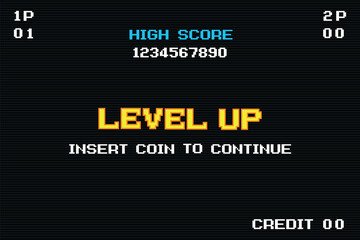 LEVEL UP INSERT A COIN TO CONTINUE .pixel art .8 bit game. retro game. for game assets in vector illustrations.