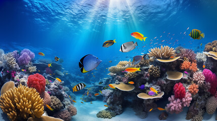 vibrant and diverse marine life in an underwater world, including colorful coral reefs and exotic fish