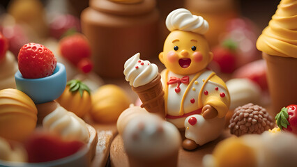 Fototapeta premium Cartoon characters and elements of ice cream cones and desserts