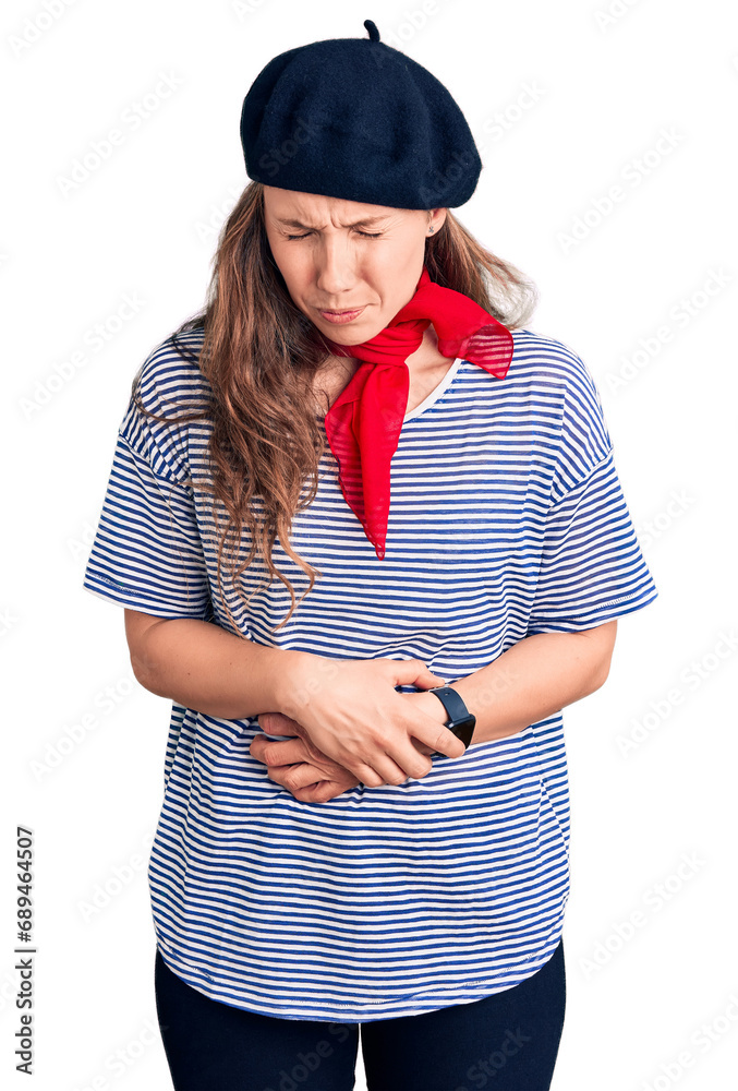 Poster young beautiful blonde woman wearing french beret and striped t-shirt with hand on stomach because i