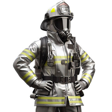 Standing firefighter wearing aluminium fire suit isolated on transparent background
