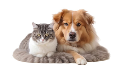 Portrait of a dog Russian Spaniel and cat Scottish Straight isolated on white PNG background, Generative Ai