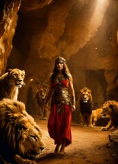 Beautiful princess stand  in a throne and posing with a lion