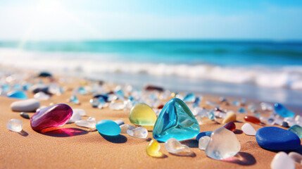 Colorful glass stones on the beach with sea and blue sky background