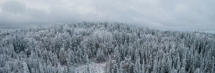 A panoramic aerial view of an evergreen forest that is covered in heavy snow.  Three communication...