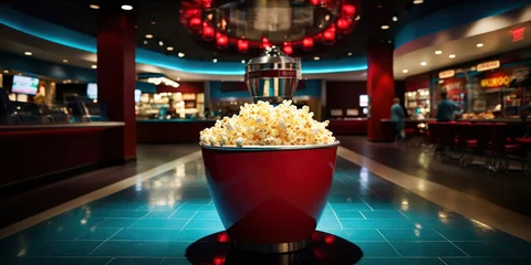 Foto op Plexiglas The lively scene of a popcorn machine amidst the buzz of a movie theater lobby © Putra