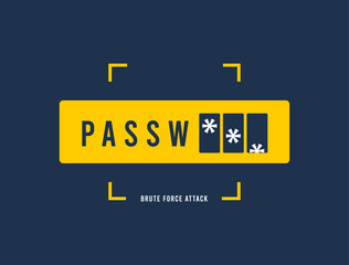 Brute-force attack icon - password guessing to crack security. Cryptographic selection of password or passphrase by brute force in database. Vector illustration isolated on dark background with icons - obrazy, fototapety, plakaty