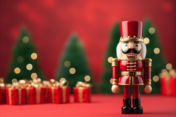 Merry Christmas banner with blank space for text, crimson red background, Nutcracker Doll, gift boxes, red and green ornaments, fir tree branches, snow falling. Ai Generated.NO.01