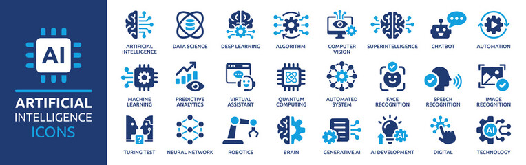 Artificial intelligence icon set. Containing machine learning, data science, AI, virtual assistant, generative AI, technology, Turing test and more. Solid vector icons collection. - obrazy, fototapety, plakaty