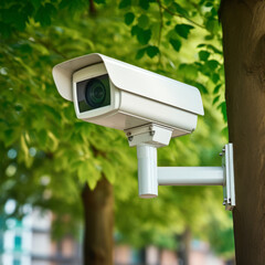 Modern public white CCTV camera on a tree