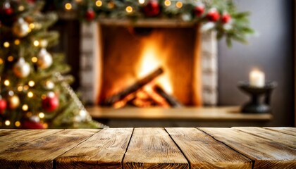 Fototapeta na wymiar an empty wooden table, Wooden table in front of fireplace with wood burning in background. New year, Christmas background Christmas table setup, christmas tree and candle