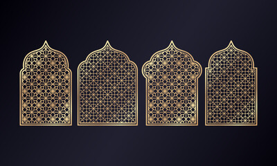 Arabian mosque window and gate patterns, golden arch arabesque ornament shapes. Old arabic door or window frames with gold geometric motif. Palace architecture elements. - Vector.