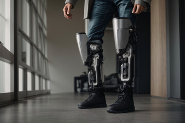 A man walks on a bionic prosthetic legs, robotic legs