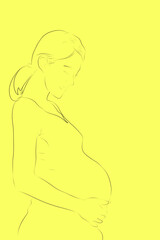 Line Art, the black line forms a picture of a pregnant woman with a yellow background