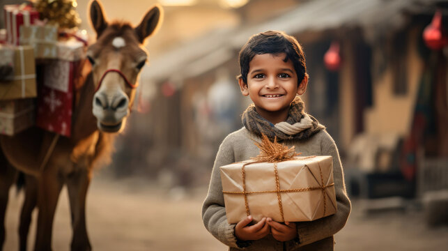 Indian kid with big giftbox is looking to the camera dusty street on background. Christmas support. Give and share kindness.