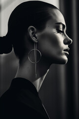 Elegance captured: a beautiful lady with an arrow-shaped earring, timeless charm Created with generative AI tools.