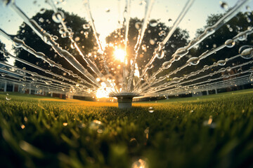 Sprinkler Watering the Grass in the late afternoon - obrazy, fototapety, plakaty