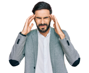 Young hispanic man wearing business clothes with hand on head, headache because stress. suffering migraine.