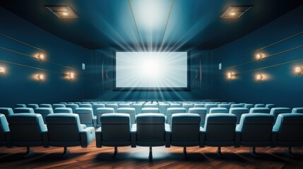 Fototapeta premium Empty of cinema in blue color with white blank screen.