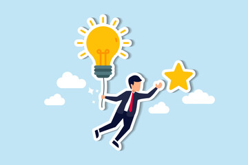 Creativity or innovation to help reach business goal, lightbulb idea to success, leadership to get solution to achieve goal, smart businessman flying with lightbulb idea to catch star in the sky.