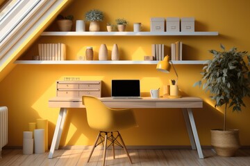 Yellow home office with shelves and a desk.