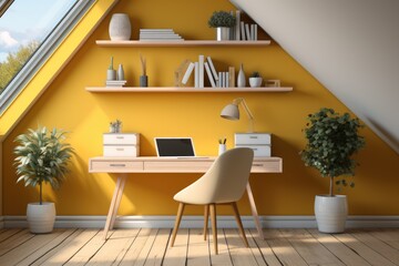Yellow home office with shelves and a desk.