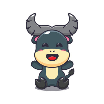 Cute buffalo sitting cartoon vector illustration. 