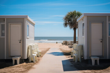 Beach restrooms stand as seaside, Comfort.